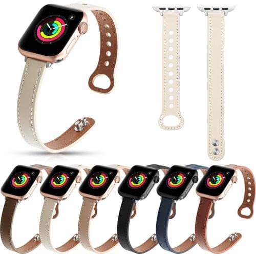 14mm Slim Leather Strap for Apple Watch Band Series 6 SE 5 4 3 Rivet Bracelet for Iwatch 40mm 44mm 38mm 42mm Porous Bit Belt