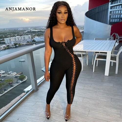 ANJAMANOR Sexy Strappy Bandage Hollow Out Bodycon Jumpsuits Club Outfits for Women Solid Kniited One Piece Outfit D42-CG26
