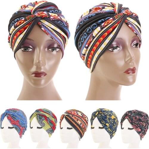 Indian Women Printed Turban Cap Cross Muslim Hat Pleated Headscarf Cover Female Bandanas Headwear Hijab Beanie Bonnet Hair Loss