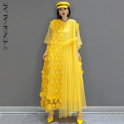 SHENGPALAE Elegant Yellow Mesh Spliced Dress Womens Summer 2021 New Round Neck Short Sleeve Mid-calf Dresses Female Tide 5C991