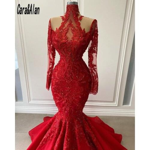 Modest Red Evening Dresses For Women High Neck Lace Applique Prom Gowns Long Sleeves Party Dress robe de soirée de mariage 2021