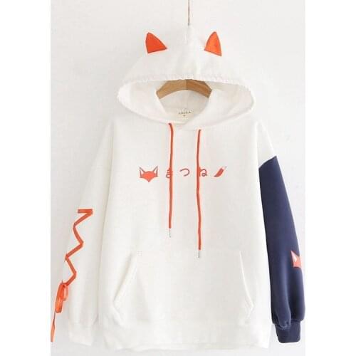 Thicken Sweet Style Hooded Sweatshirts Women Autumn Winter Fox Print Hit Color Loose Hoodies Student Cute Fleece Warm Clothing