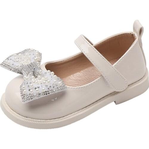 Black Leather Shoes Girls Summer Single Shoes 2021 New Childrens Soft Bottom Pearl Bow Princess Shoes Sweet Leisure Lady Flats
