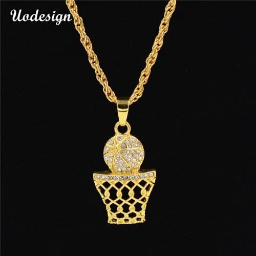 Uodesign HIP Hop Iced Out Bling Full Rhinestone Men Basketball Pendants Necklaces Gold Sports Necklace for Men