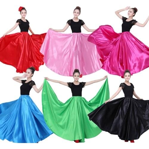 90-95cm Elastic Waist Spanish Flamenco Dance Skirt for Woman Solid Satin Smooth Belly Dance Dress Spain Traditional Costumes