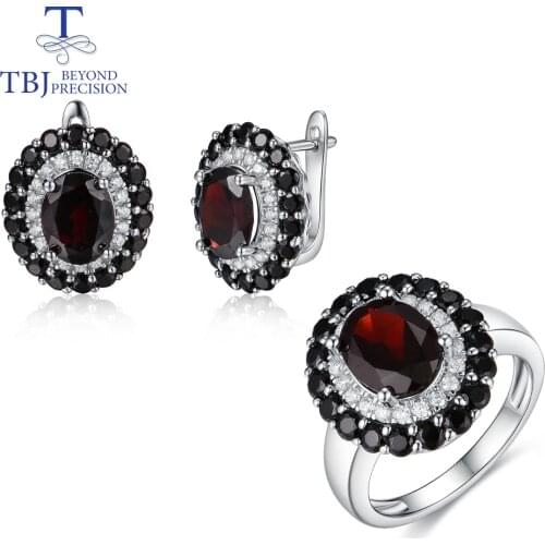 TBJ,New style natural black garnet gemstone 925 sterling silver ring and earrings fine jewelry set for women party & daily wear