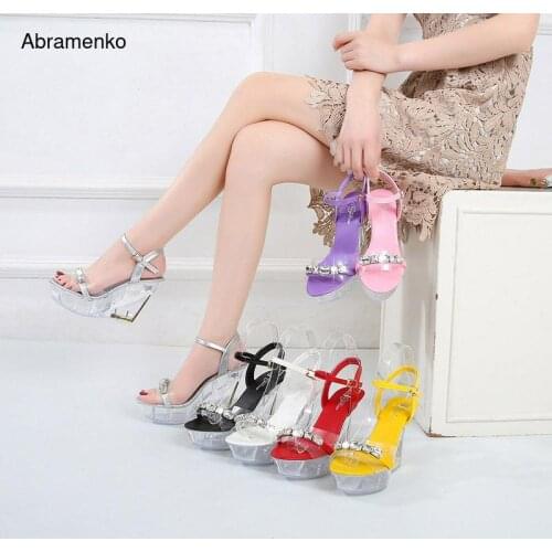 10cm Transparent Platform Wedge Heel Women Sandal Rhinestone Temperament Ankle Strappy Buckle High Heels Wedding Women Pumps