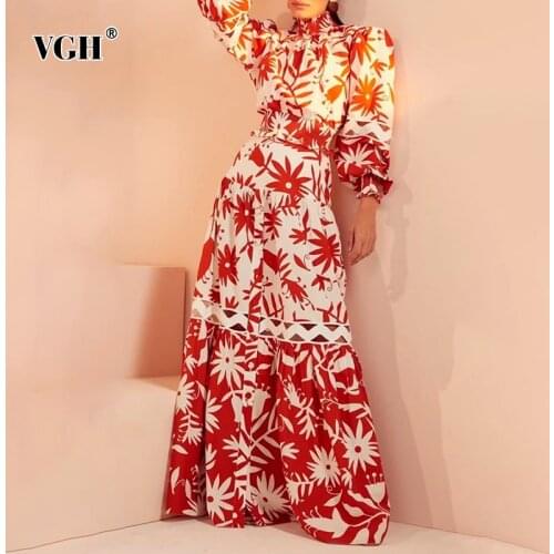 VGH Casual Print Two Piece Set For Women Stand Collar Puff Long Sleeve Shirts High Waist Maxi Skirts Hollow Out Sets Female 2021