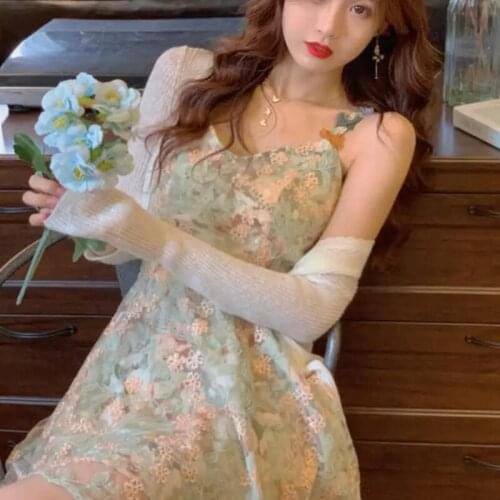 Hstar Women Elegant Sweet Lace French Vintage Designer Sexy Dress Summer 2021 Causal Party Dress Green Floral Strap Dress