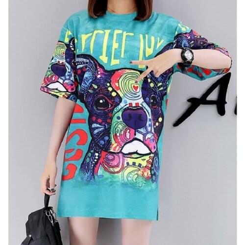 Women Summer Dress 2020 Printed Doll Yellow Striped Dress T shirt Short Sleeve dress Animal Frog Dog Bear Pink Shirt Dress