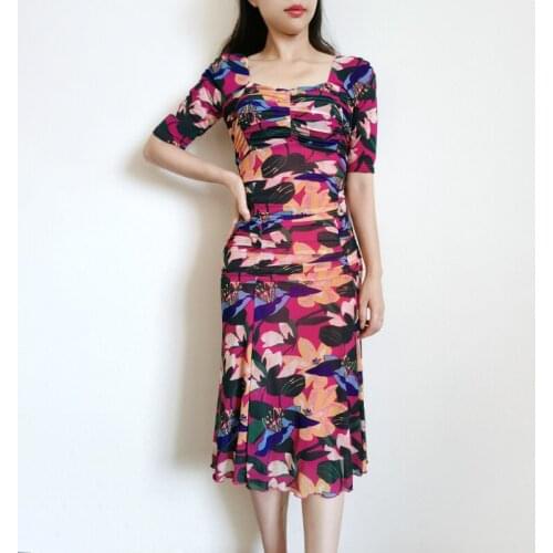 New Summer Great Elastic Floral Print Square Collar Bodycon Slim Fit Dress US 2-10