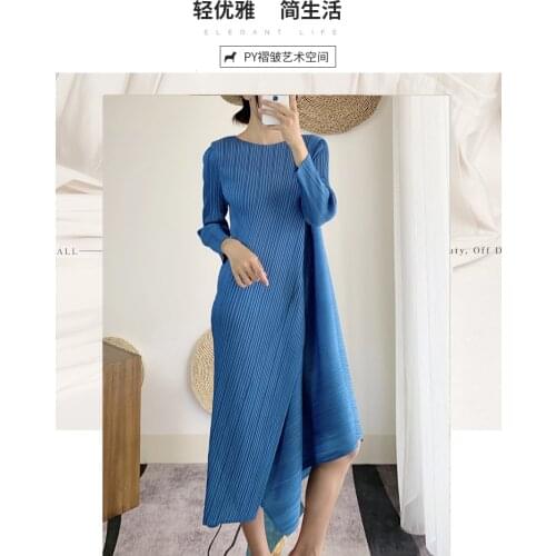 HOT SELLING Miyake Fashion fold dress long sleeve o-neck soild irregular dress IN STOCK