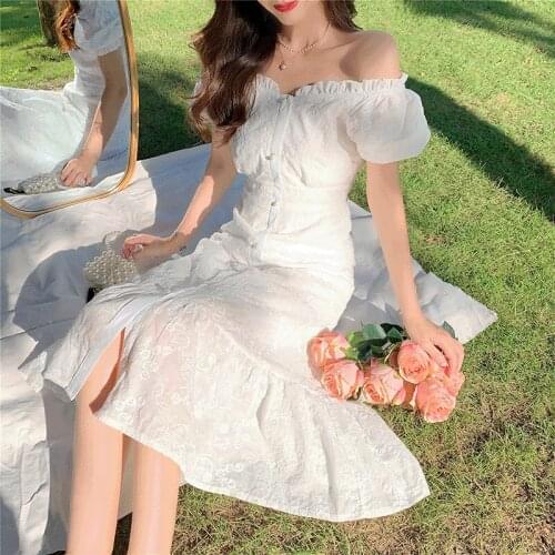 DressesFor Women 2021 Harajuku White Embossed Fishtail Skirt Cottagecore Korean Fashion Summer Simplicity Fairycore Dress Elegan
