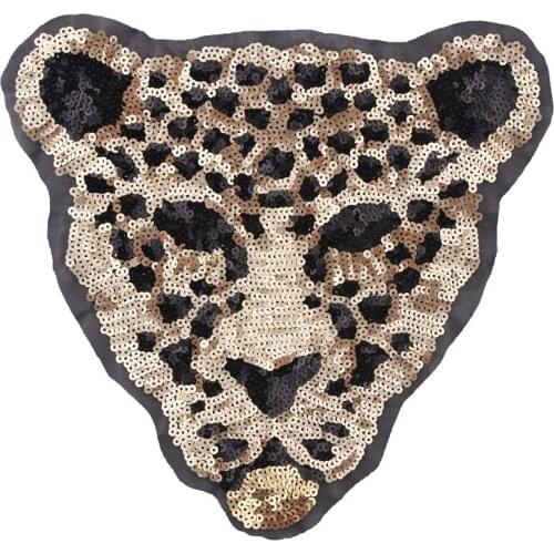 1Piece Leopard Head Patches For Clothing Sequins Biker Badge Embroidery Fabric Patch Sequined Women Clothes Stickers 29x27.6cm
