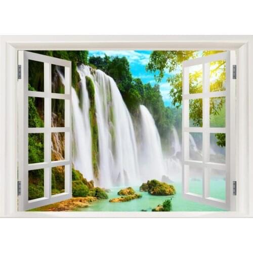 Custom mural 3d wall mural on the wall Window green mountain waterfall scenery home decor photo wallpaper in the living room