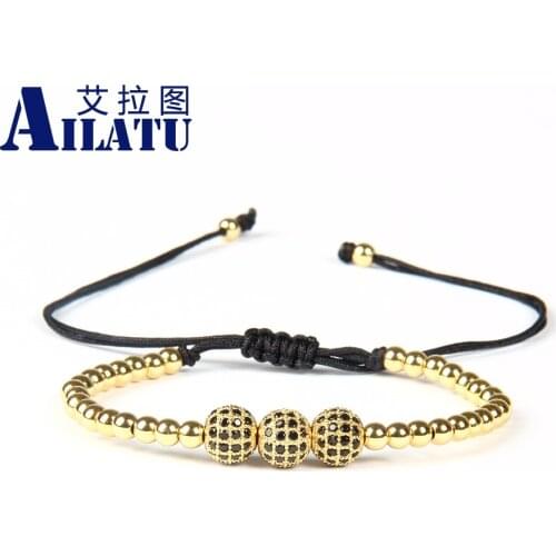 Ailatu 10pcs/lot High Quality 8mm Black Cz Micro Paved 3 Ball Beads Macrame Bracelet High Grade Jewelry for Party Gift