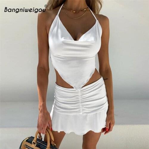 Bangniweigou satin halter cami top + ruched skirt two piece sets women sexy backless scarf top & skater skirts black white suits