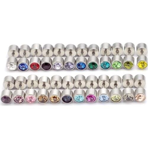 Free shipping 6mm mix 24colors 120pcs body jewelry mix lots men punk fashion earrings dumbbell crystal stone earrings