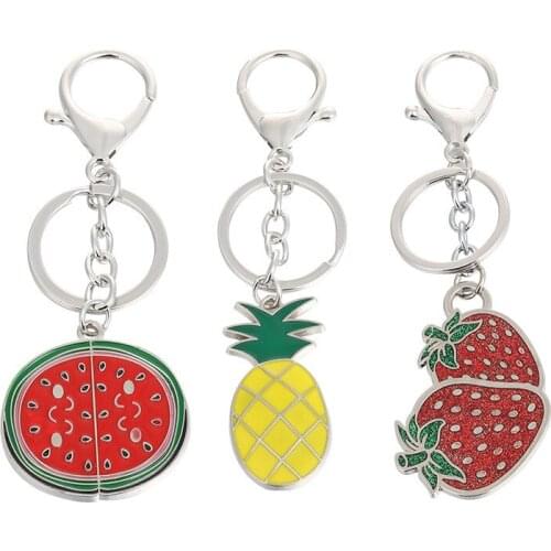 FREE SHIPPING BY DHL 100pcs/lot Cute metal Fruit Watermelon Pineapple Strawberry Keychains Fruit Keyrings for Gifts