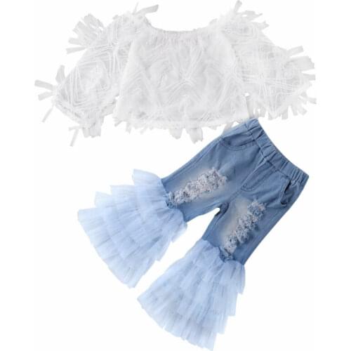 Boutique Kid Clothes 2020 Toddler Baby Kid Girl Clothes Lace Off Shoulder Tops+ Ruffle Hole Pants 2pcs Outfit