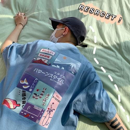 Harajuku Style Short-sleeved T-shirt Mens Summer Cartoon Pattern Printing Hong Kong Style Ins Loose Wild Top