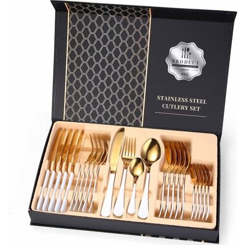Home Tableware Stainless Steel Cutlery Set 24pcs Forks Knives Spoons Gold Dinnerware Set Dinner Set White and Gold Dropshipping