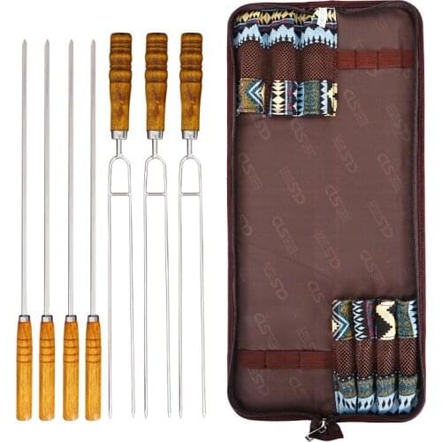 1 SET Outdoor Camping BBQ needle BBQ fork BBQ skewer BBQ Tool stainless steel u-shaped wooden handle picnic 7-piece set