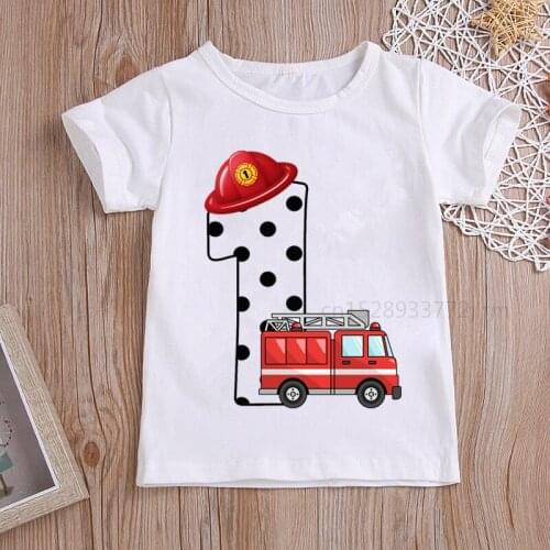 Boys/Girls Cool Fire Truck Birthday Numbers T-Shirt Children Boys Happy Birthday T Shirt White T-Shirt Baby Girls Top