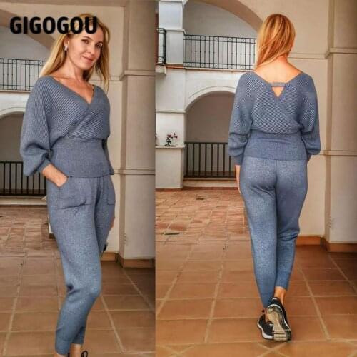 GIGOGOU Lurex Women Sweater Suits and Set Casual Knitted Sweaters Pants 2PCS Track Suits Women Trousers+Jumpers Sets with pocket