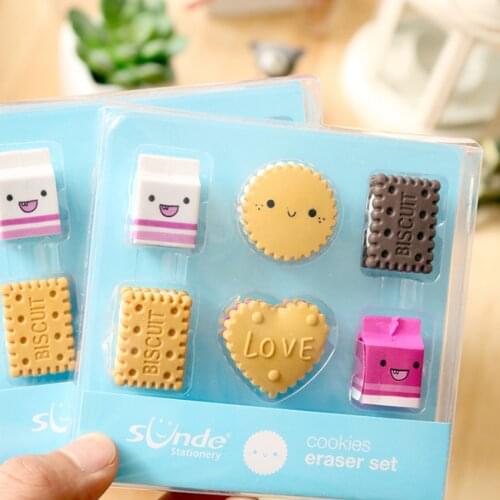 6pcs/pack Boxed Milk Biscuit Eraser Set Cute Children School Student Stationery Correction Erasers