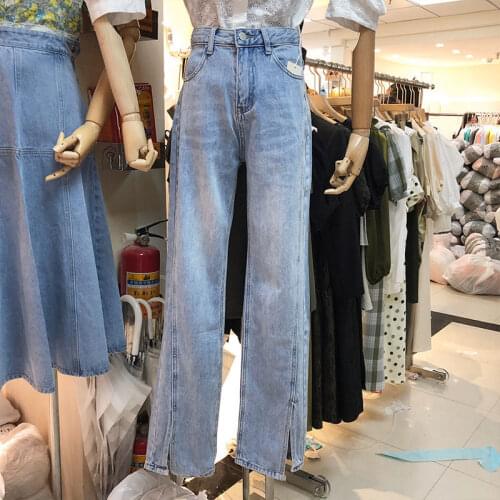 2021 New Bootcut Jeans Womens Spring and Autumn High-waisted Slimming Plus Size Straight Split Wide-leg Pants Mother Jeans