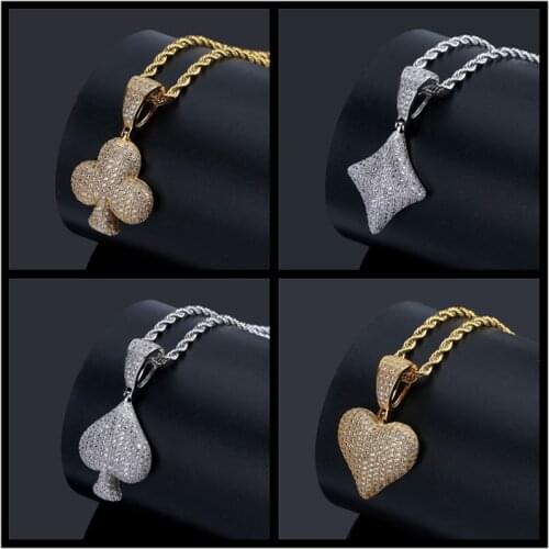 Full Cubic Zircon Poker Pendant Necklace Iced Out Spade Heart Club Charm Hip Hop Jewelry For Men Women