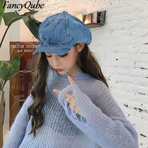 Washed Denim Octagonal Hat Women All-match Casual Newspaper Boy Painter Lady Cap Autumn Winter Pure Color Fashion Female Caps