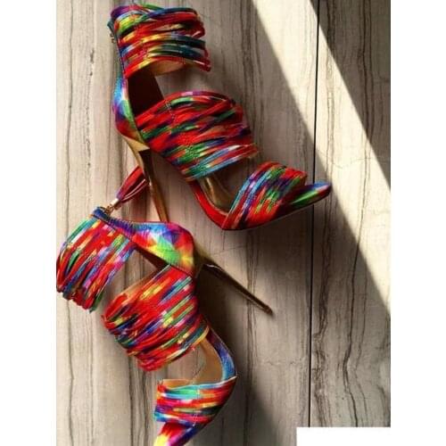 Colorful leather strappy high heel sandal summer open toe cutouts gladiator sandal2021 thin heels shoes