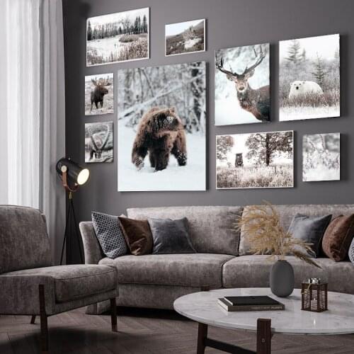 Scandinavian Nordic Poster and Print Winter Nature Landscape Canvas Painting Beer Deer Animal Wall Art Pictures For Home Decor