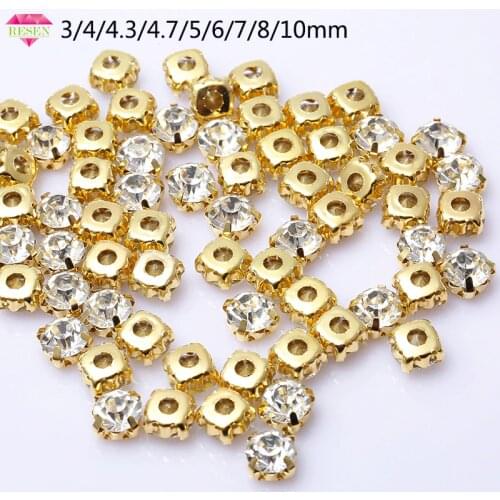 RESEN Top Quality 3-10mm Crystal Glass Sew On Rhinestones With Gold Claw White Color Gold Base Sewing Stones DIY Decoration