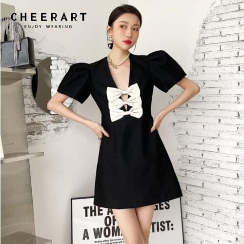 CHEERART Puff Sleeve Vintage Summer Dress Women Short Sleeve V Neck Bow Mini A Line Ladies Black Little Dress Korean Fashion