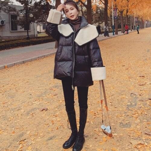 Womens Jacket Lamb Hair Stitching White Duck Down Cotton Design Sense Bread Short Winter Korean Loose Straight Personality CoAT