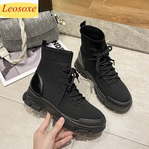 Women Ankle Boots Winter Platorm Gothic Punk Shoes Female Knitting Boots Autumn Thick Bottom Women Sock Boots Black Shoes