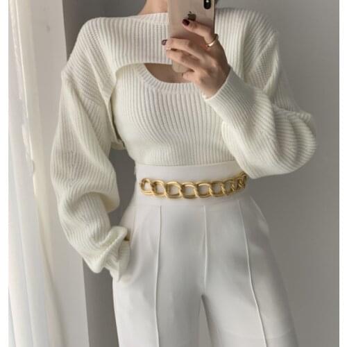 Knitted Short Pullovers And Base Camis Sexy 2 Piece Set Women Korean Autumn 2021 New Hot Solid Tops Outfits Ins Fashion