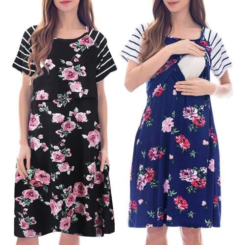 Women Maternity Pregnant dresses Nursing Baby Nightgown Rose Print Breastfeeding Sleepwear Dress ropa summer loose dress