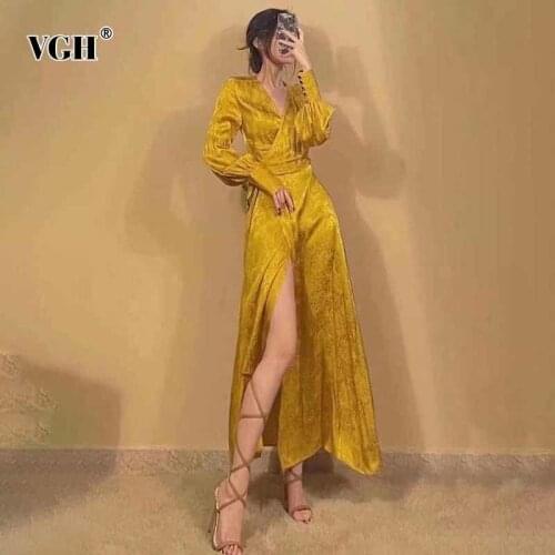 VGH Vintage Floral Print Midi Dress For Women V Neck Long Sleeve Gathered Waist Lace Up Side Split Dresses Female 2021 Clothing