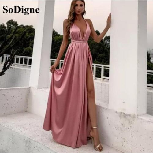 SoDigne Simple Sexy V-Neck Sleeveless A-Line Party Dress Vintage Long Bodycon Prom Dresses Women Homecoming Gowns