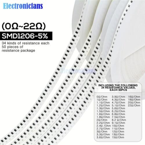 1700PCS/Lot 1206 SMD Resistor 0R -10M Ohm 5% 1/4W 0.25W Chip Resistance Fixed Resistor Assorted Kit 34 Values X 50pcs =1700pcs