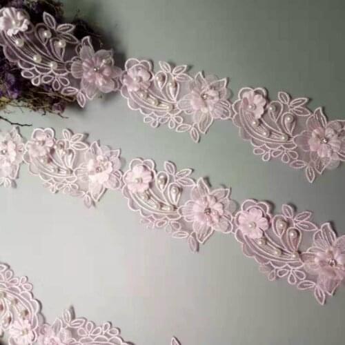 2 yards Pink Pearl Flower Leaf Handmade Beaded Embroidered Lace Edge Trim Ribbon Applique Wedding Dress Sewing Craft DIY Hot