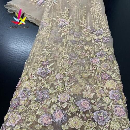 Handmade African Lace Fabric With Beads Champagne Color Embroidery French Nigerian Design Style French High Quality For Dress