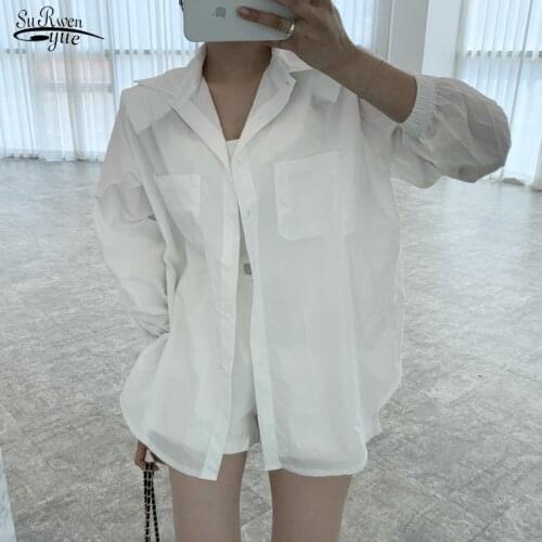 2021 Autumn Shoulder Pad Sunscreen Blouse Female Fashion Elegant Lady Shirts Long-sleeved Solid Woman Blouse Camisas Mujer 15880