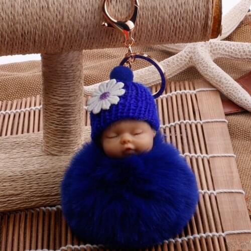 Sleeping Baby Doll Keychain Flower Pompom Rabbit Fur Ball Key Chain Fluffy Car Keyring