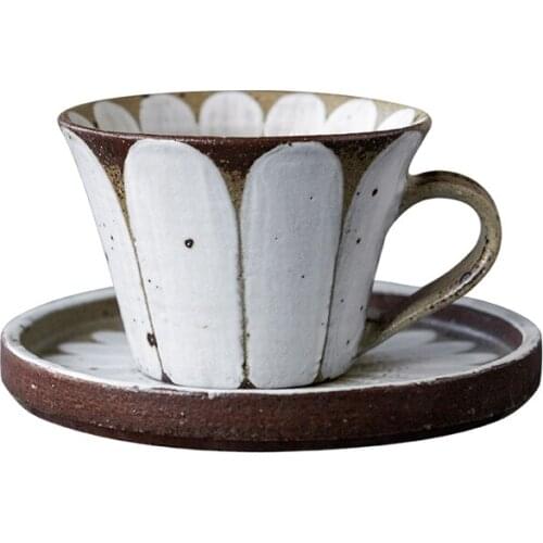 Handmade broad mouth petal pottery clay coffee cup dish creative Japanese teac up saucer set latte cup