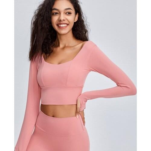 Heyyoga Women Plain Fitness Training Crop Top Long Sleeve with Thumb Hole Naked Feel Workout Gym Cropped Long Sleeved Shirts